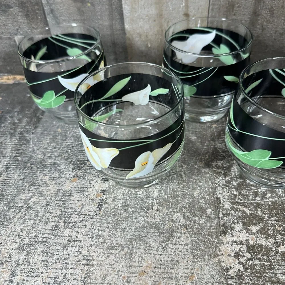 Sango Black Lilies Quadrille Glasses Tumblers‎ Set of 4 Juice Cocktail 8oz 1980s